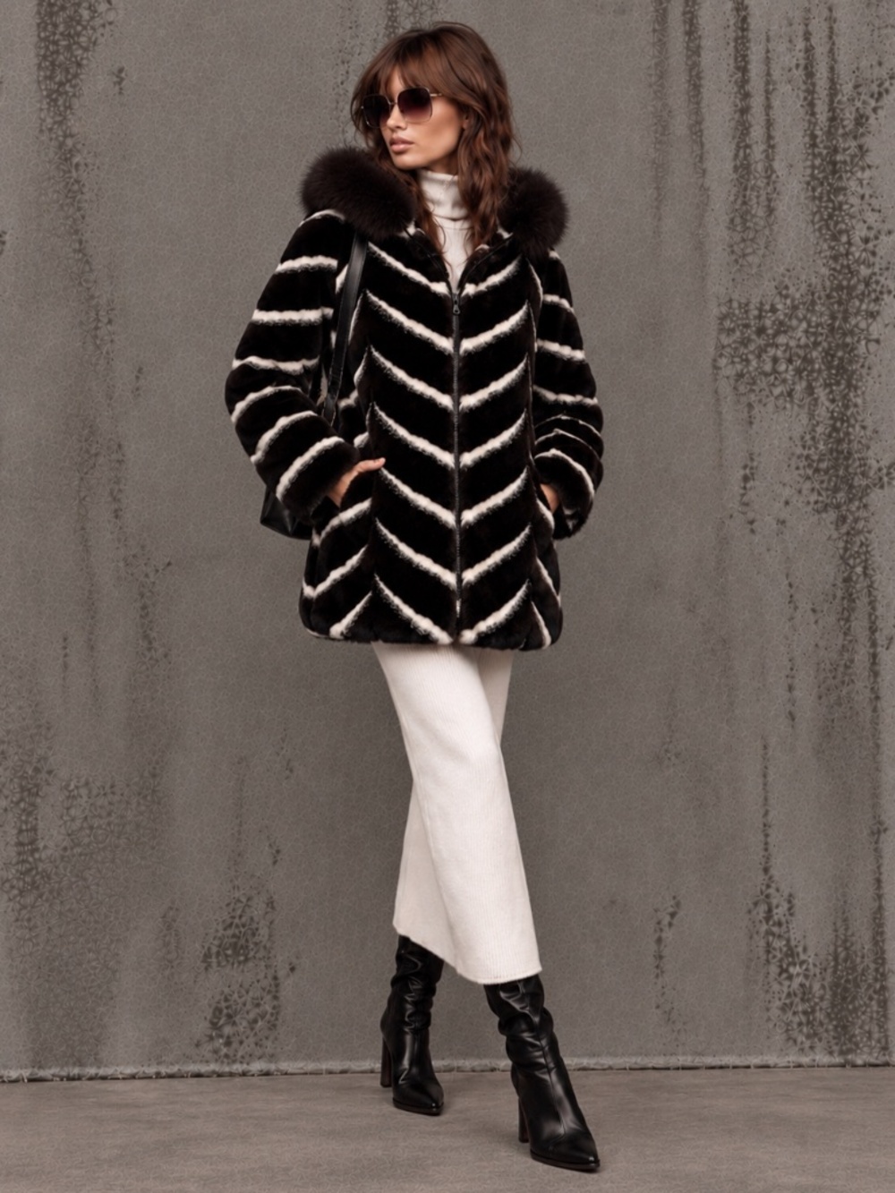Gallery Chevron Striped Hooded Faux Fur Coat M